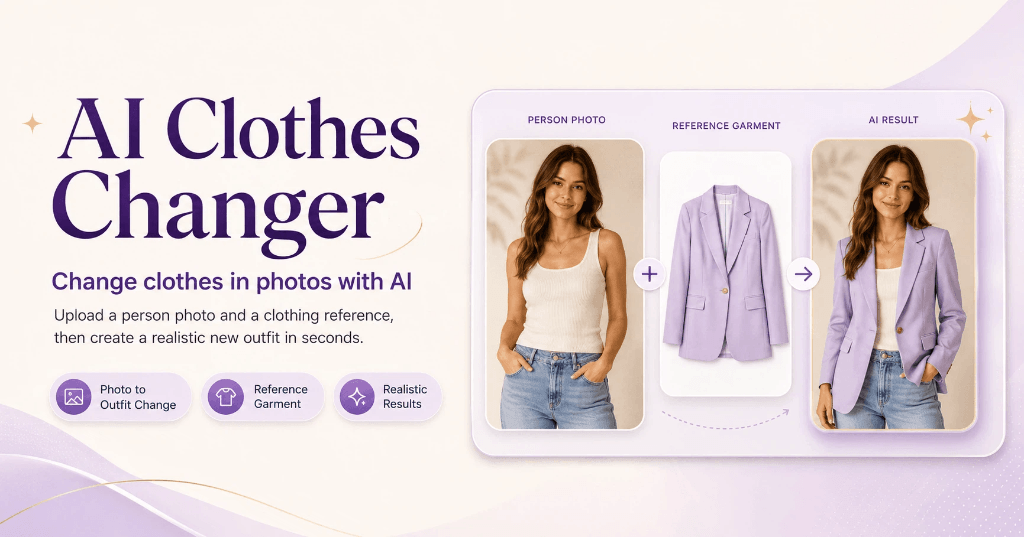 Screenshot of ClothesChangerAI.net, Swap outfits in any photo with a reference image or a text prompt